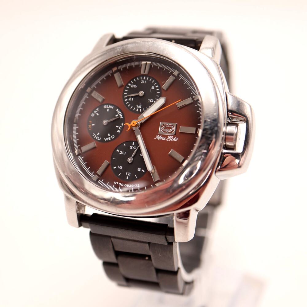 Marc Ecko Mens Brown Silver 40mm Calendar Watch Day Date Steel w New Battery